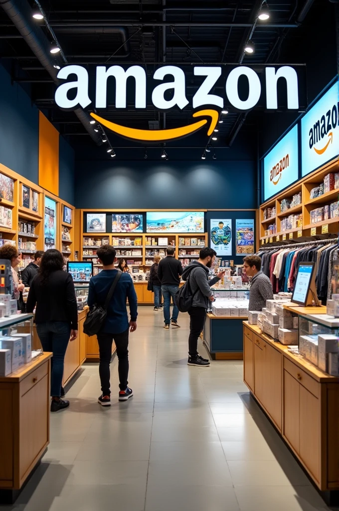 A store selling material goods with a sign indicating that they are various AMAZON products and saying THANK YOU FOR YOUR PURCHASE