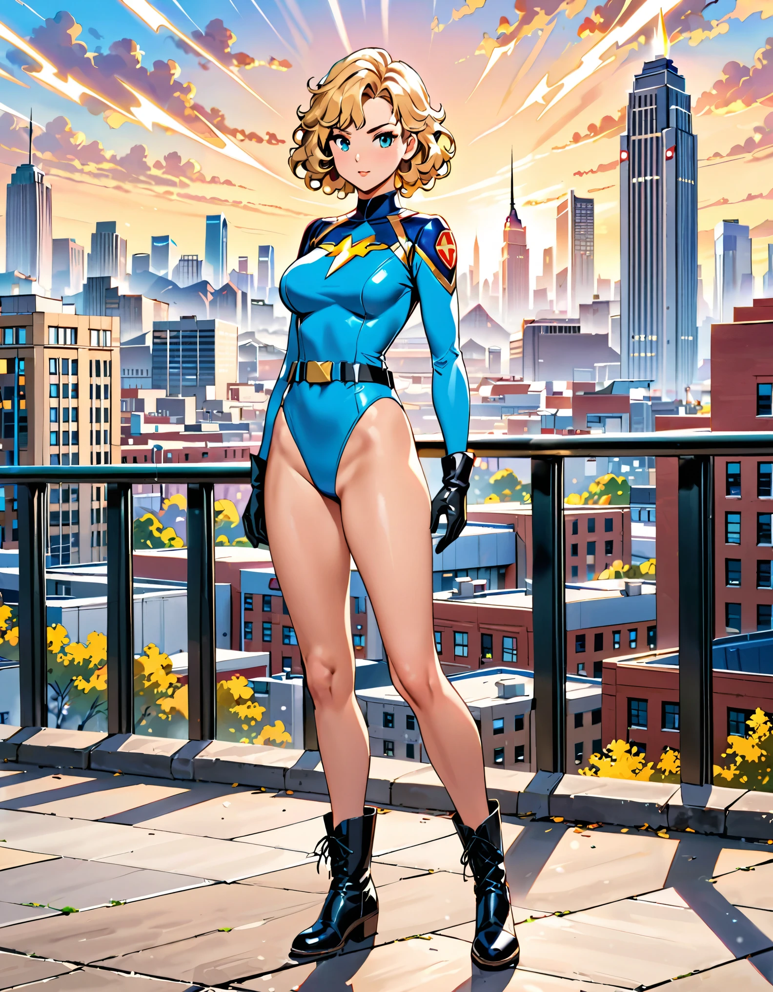 masterpiece, best quality, hires, 1girl, medium breasts, ((leotard, light blue leotard)), long sleeves, (lighting bolt emblem on chest), (bare legs), (fastened tight belt), boots, matching boots, gloves, city backdrop, solo, single, standing, rear view, full body shot, cowboy shot, superhero, beautiful detailed eyes, beautiful detailed face, blonde hair, (short hair), wavy hair, high school backdrop, outdoors, mature lady, teacher, perfect body