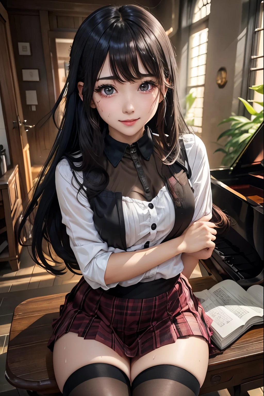 high school girlブレザー、high school girl、Red checked skirt、JK Style、Jacket、smile、garter、Knee socks、Panty stocking、Otherworldly beauty、Extraordinarily cute、boredom、unusual beauty、Dark black eyeshadow、sorrow、Good skin glow、Long Hair Straight Hair、Dark Gothic Makeup、暗いsmile、Beautiful woman、Stained Glass Background、On the table、Best Quality、5 reference books、Sweat glistens on my chest、Sweat glistens on my face、Thigh sweat、sweating、Black frill East size Regular size、Dark pink hair、Age 22 years old、Sweat sticks to my thighs、I sweat a lot and get sticky、My thighs are sticky and shiny、Sweating on thighs and chest、Small breasts、Slightly slim、I sweat all over my body、play the piano、Sit down and play an instrument、legs are thin、Two people、Lesbian couple、Hugging a girl、My female friend has a super cute face、My female friend has a very beautiful face、Do lesbian play、Super smooth straight hair、Thin thighs、