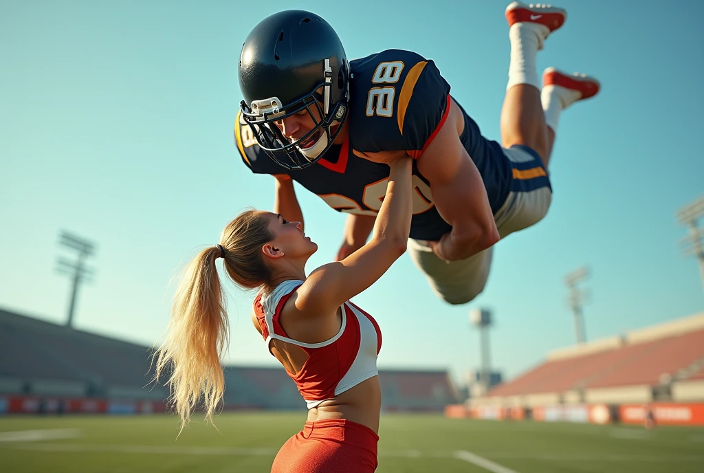 Blonde, Beautiful, and strong cheerleader lifting a large male football player high above her head with her strong arms. Photorealistic. View from a distance. Wide angle.