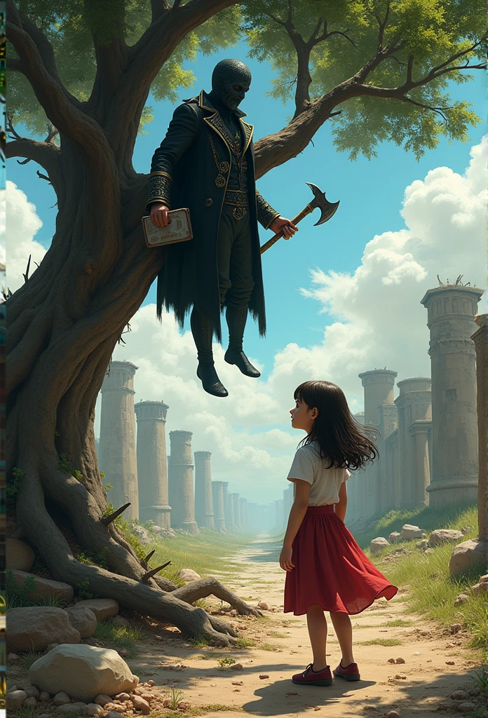 A girl wants money from a person in the tree wearing a scary suit, carrying an ax and a first aid bag, high resolution, 3D, bright, fantasy, on a Roman battlefield.
