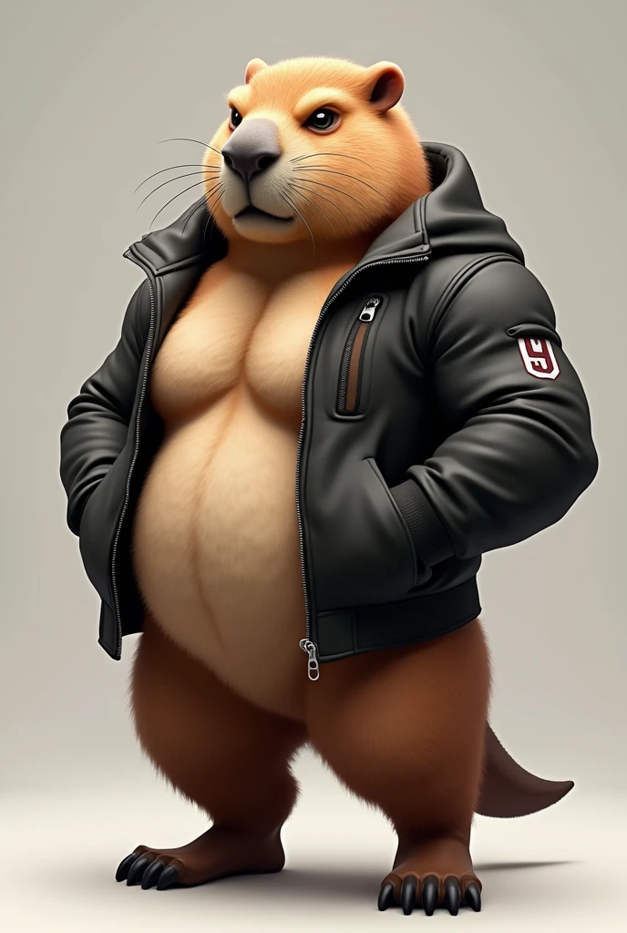 Muscular capybara mascot wearing a jacket