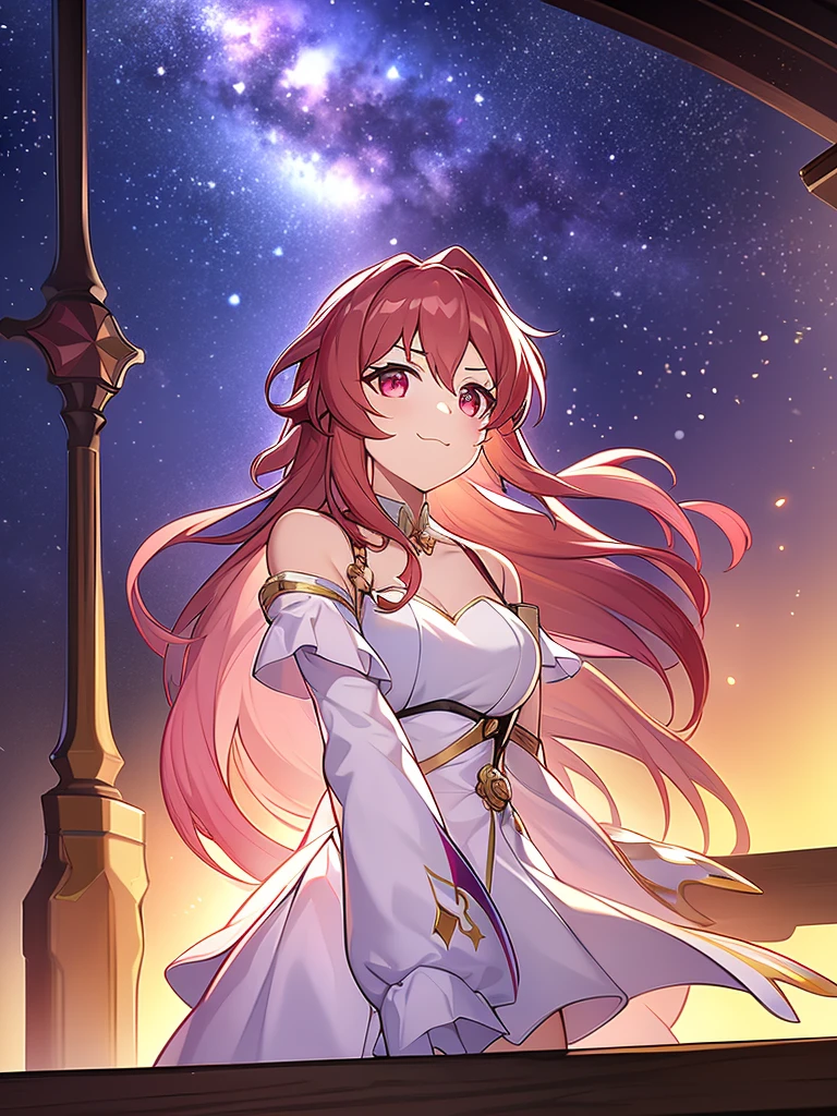 best quality, masterpiece, firefly \(honkai: star rail\), 1girl, solo, outdoors, arms crossed, pout , bothers, closed mouth, heart pupils, blushing, , white dress, long sleeves, night sky, :d, star \(sky\)