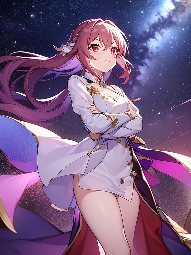 best quality, masterpiece, firefly \(honkai: star rail\), 1girl, solo, outdoors, arms crossed, pout , bothers, closed mouth, heart pupils, blushing, , white dress, long sleeves, night sky, :d, star \(sky\)