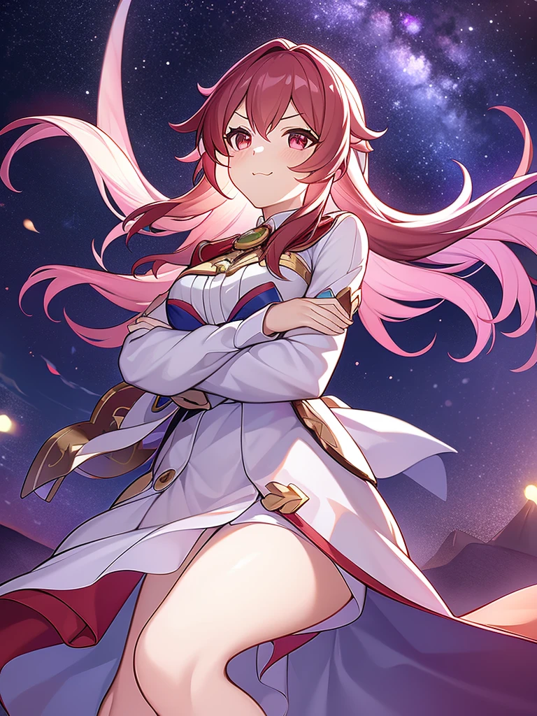 best quality, masterpiece,    firefly \(honkai: star rail\), 1girl, solo, outdoors, arms crossed, pout , bothers, closed mouth, heart pupils, blushing, , white dress, long sleeves, night sky, :d, star \(sky\)