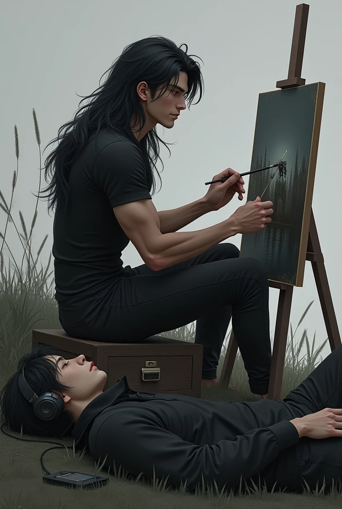 Handsome, realistic, muscular teenager
Tall with long black hair , with black clothes and handsome , beardless
with a sad, grayish background
Sitting painting and his friend listening to music lying on the grass