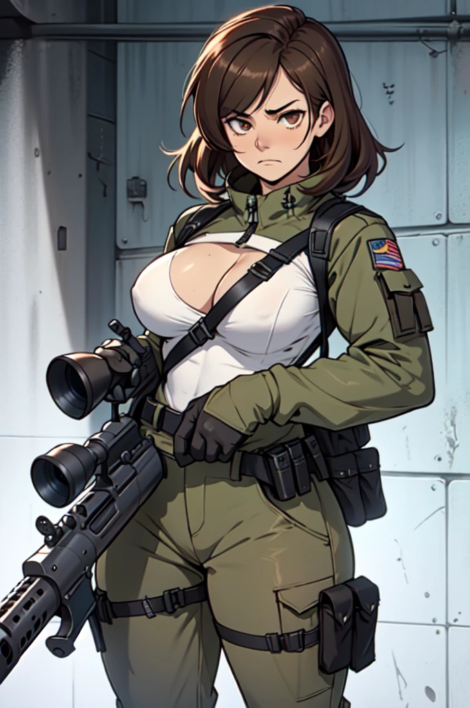 brown hair hazel eyes solo muscular girl toned body perky breasts empty eyes frown thick pale skin shooting range weapon gun firearm tactical gear shooting range weapon gun firearm tactical gear shooting range weapon gun firearm tactical gear