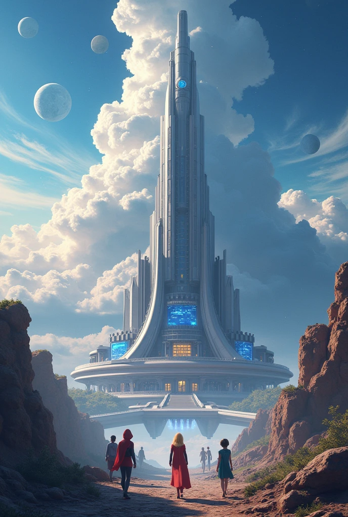 Make a futuristic superhero school and the cloudy sky and planets and the galaxy 