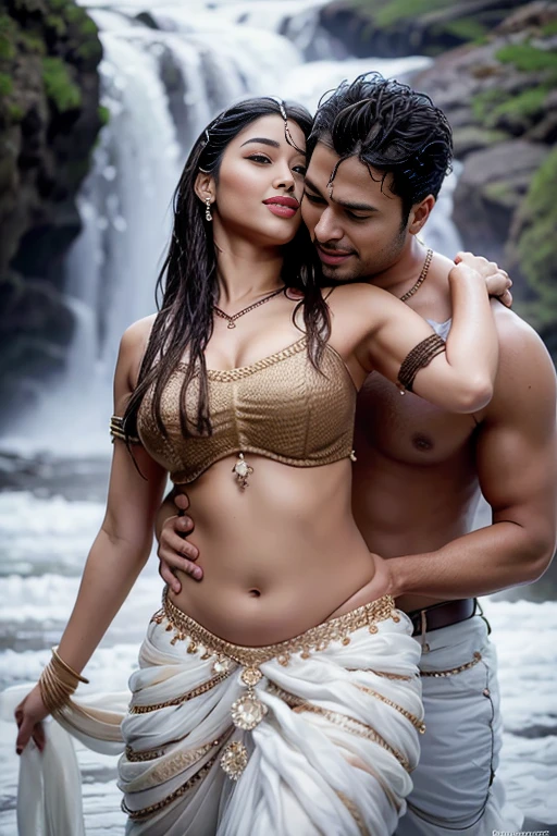 HD wallpaper 32k cinematic shoot of a Beautiful cute wet Pooja Hegde, with thick thighs and a curvy chubby waist, wearing a beautiful Indian dress, ((lowwaist)), ((hugged by a man)), ((hug)), ((wet girl)), ((sweaty girl)), , ((hugged a man)), ((hug))