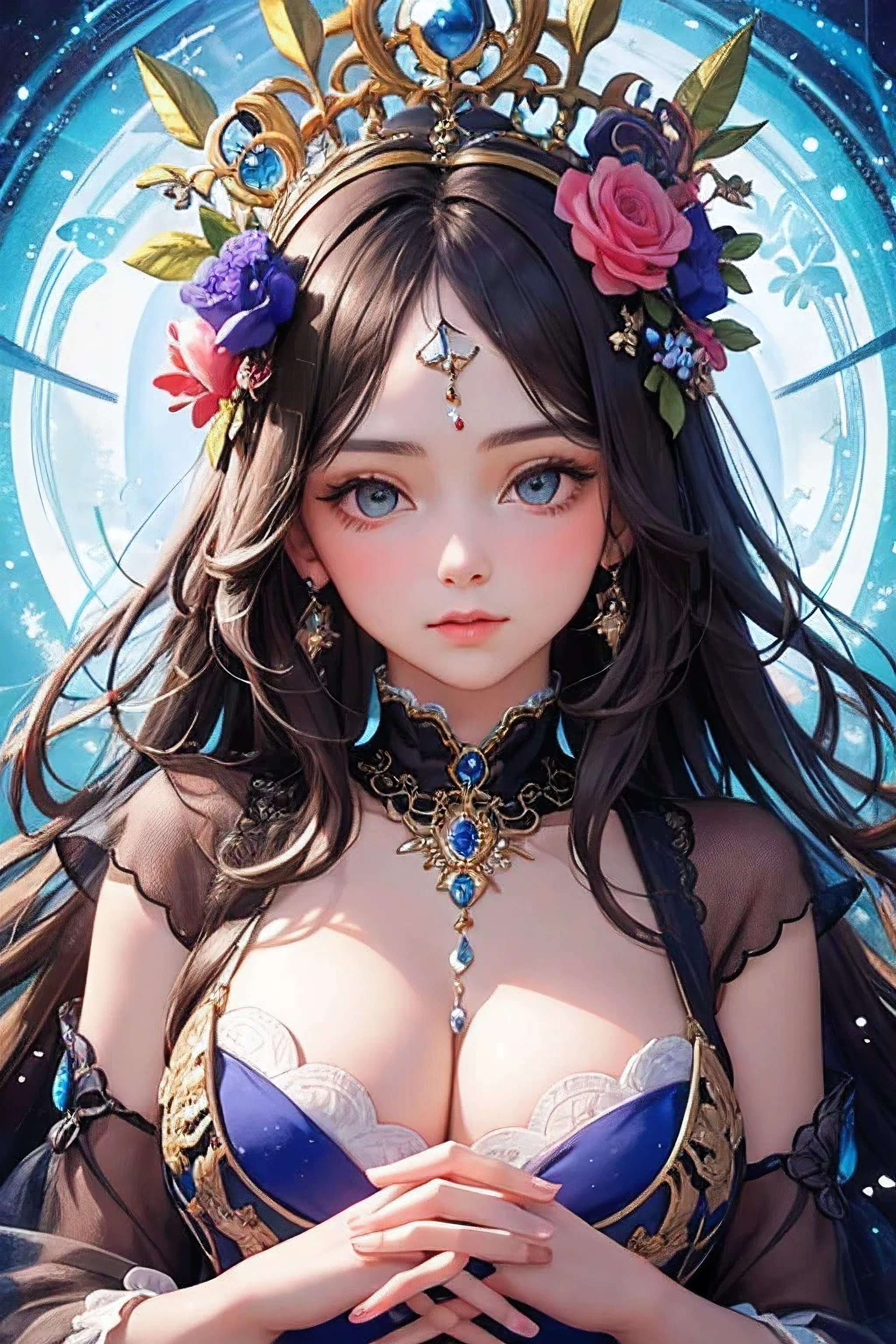 ((Highest quality)), ((masterpiece)), (detailed), One person, Surrounded by flowers of fantastic colors,Queen,Fantasy ,Hands behind the body,