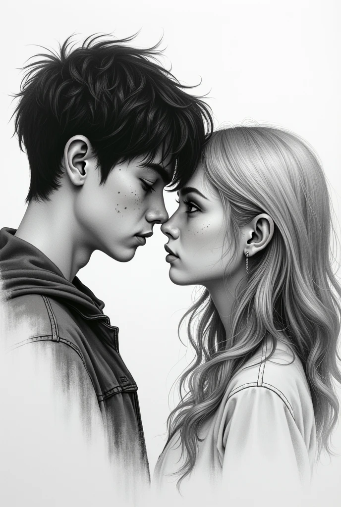 A black and white drawing of a couple looking at each other, He has bangs that cover his eyes and has some pimples on his face. His face is fuller., and her eyes are big and she has wavy blonde hair, and long, voluminous hair