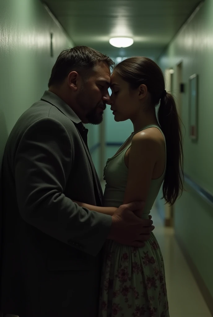 Image of an older man with dark hair kissing and forcibly grabbing a young girl's waist in a dimly lit hallway.