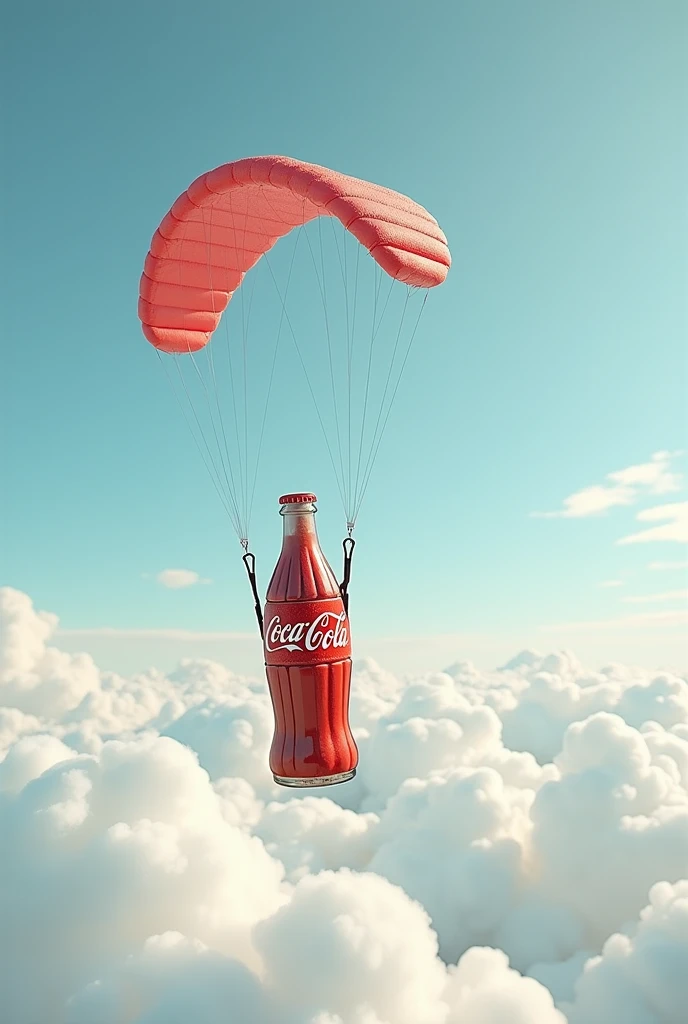 Make a cake shaped like Coca-Cola falling from the sky in a paraglider