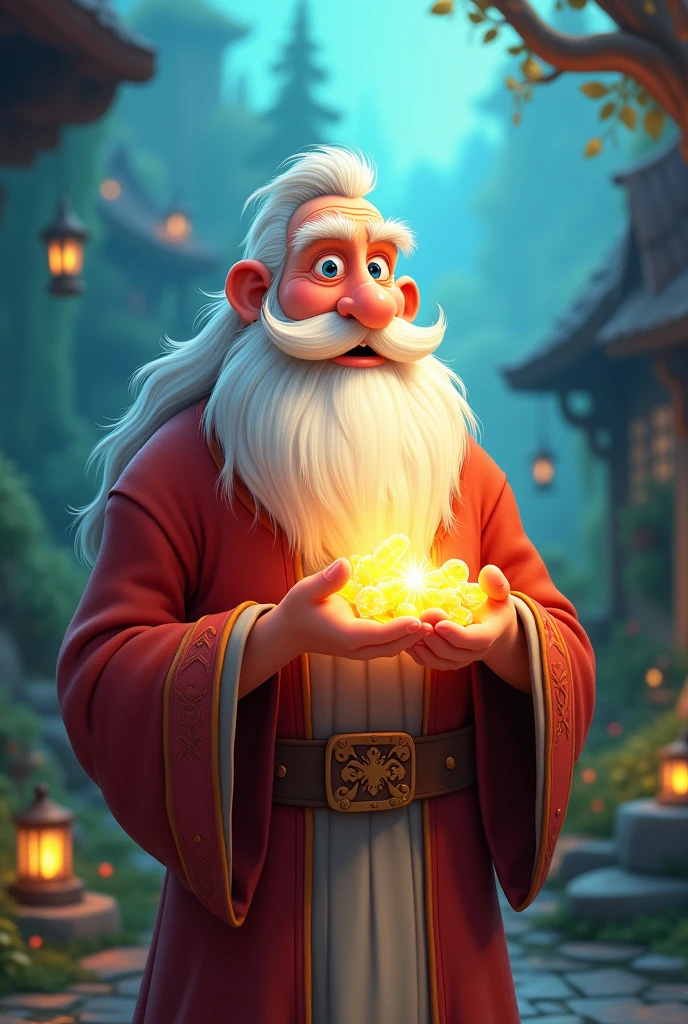 An animated wise old man, drawn as a cartoon, arrives with medicine in capsules that glow.