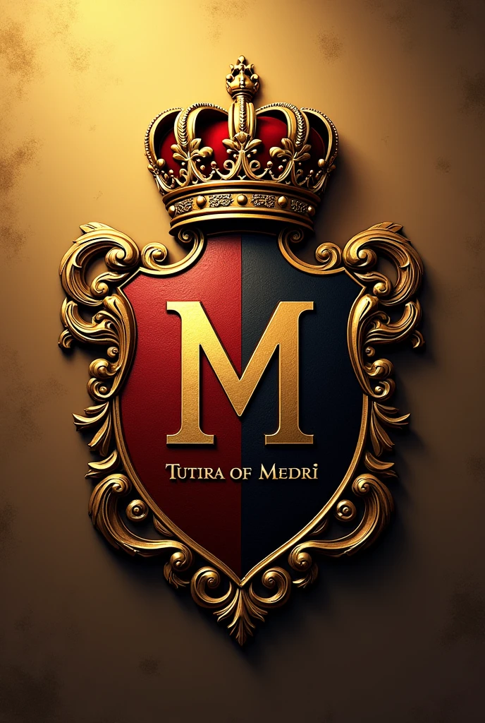 The Real Império team shield would be designed to reflect grandeur and royalty, with a traditional heraldic design. Among the proposed elements is a crown at the top to symbolize leadership, primary colors like gold, black and red, imperial symbols like eagles or lions to represent strength, It's a central monogram "laughs" in a bold font. There would also be an inspirational motto at the bottom and ornamental details reminiscent of a royal coat of arms. The finish would include golden texture and shading techniques to create a three-dimensional effect, highlighting the shield as a symbol of prestige and team identity.