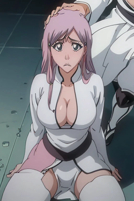 Large Breasts, whole body,Thighs,A slight blush, High resolution,masterpiece, Highest quality, High detail, Highly detailed CG illustration,pink-toned beautiful white skin,Clear white skin,Pink lips,beautiful,High-resolution model,sitting,spread legs,Looking up blushing,burn,sweaty,embarrassed,short hair,looking at camera,ass,pov, subjective,nurse(pink)