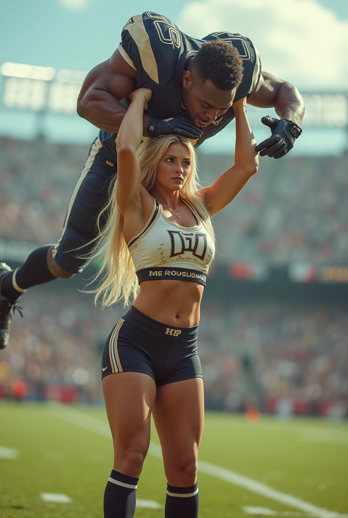 Blonde, Beautiful, and strong cheerleader lifting a large male football player high above her head with her strong arms. Photorealistic. View from a distance. Wide angle.