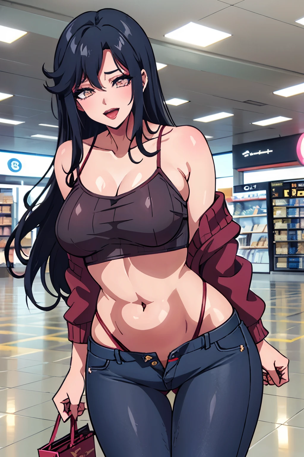 saori_ohtori, long hair,, blush, lipstick, Hot girl, baddie, staring, glaring, bad attitude, mean girl, crazy, smoking, sensual, attractive, mall, shopping center,indoors, masterpiece,high quality,4k, shirt, bare shoulder,belly,crop top,holding pistol,cleavage,casual dress,smile, open mouth, evil expression, exposed belly, exposed navel, exposed midriff, exposed lower belly, crop top overhang, underboob,jacket, unbuttoned jeans , low rise black jeans, Low rise jeans, Low rise jeans with open fly