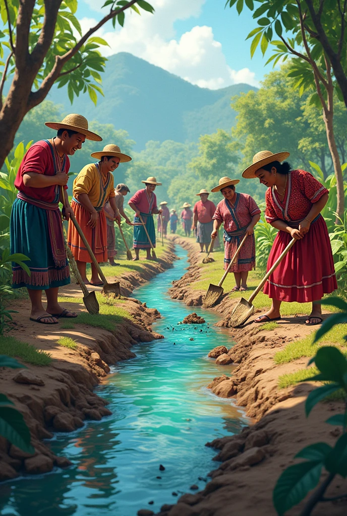 Cleaning a water ditch, many people and there is Peruvian food and dancing, and they are working with knives, shovels, and hoes. 