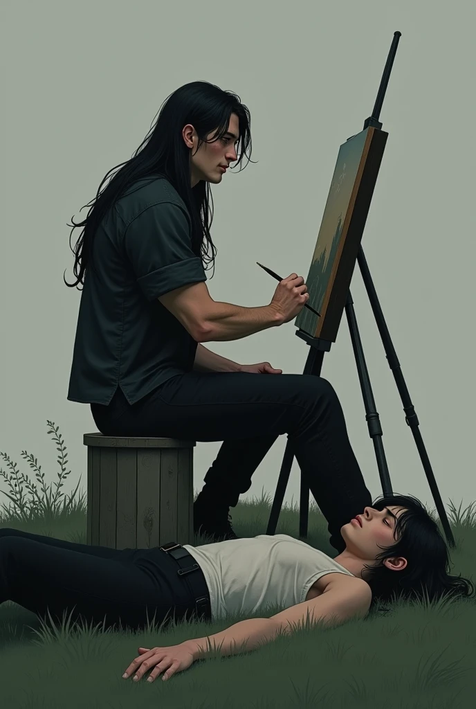 Handsome, realistic, muscular ager
Tall with long black hair , with black clothes and handsome , beardless
with a sad, grayish background
Sitting painting and his friend listening to music lying on the grass
