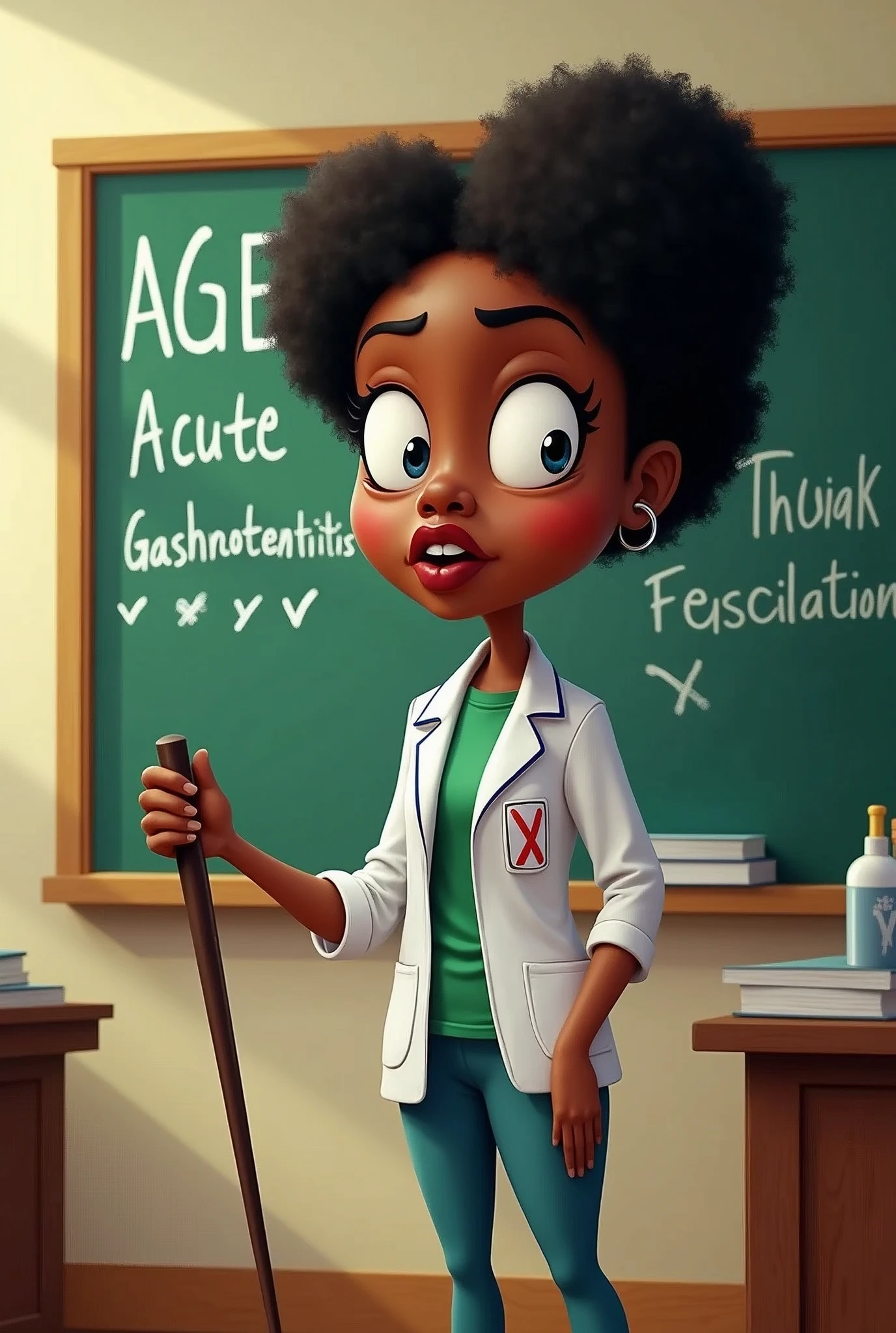 On a blackboard, A.G.E is written with a big "X" symbol beside it. on the blackboard, Acute Gastroenteritis is written with a big "tick" symbol beside it.
A funny cartoon of a black female teacher with a big head holding a cane in front of the blackboard