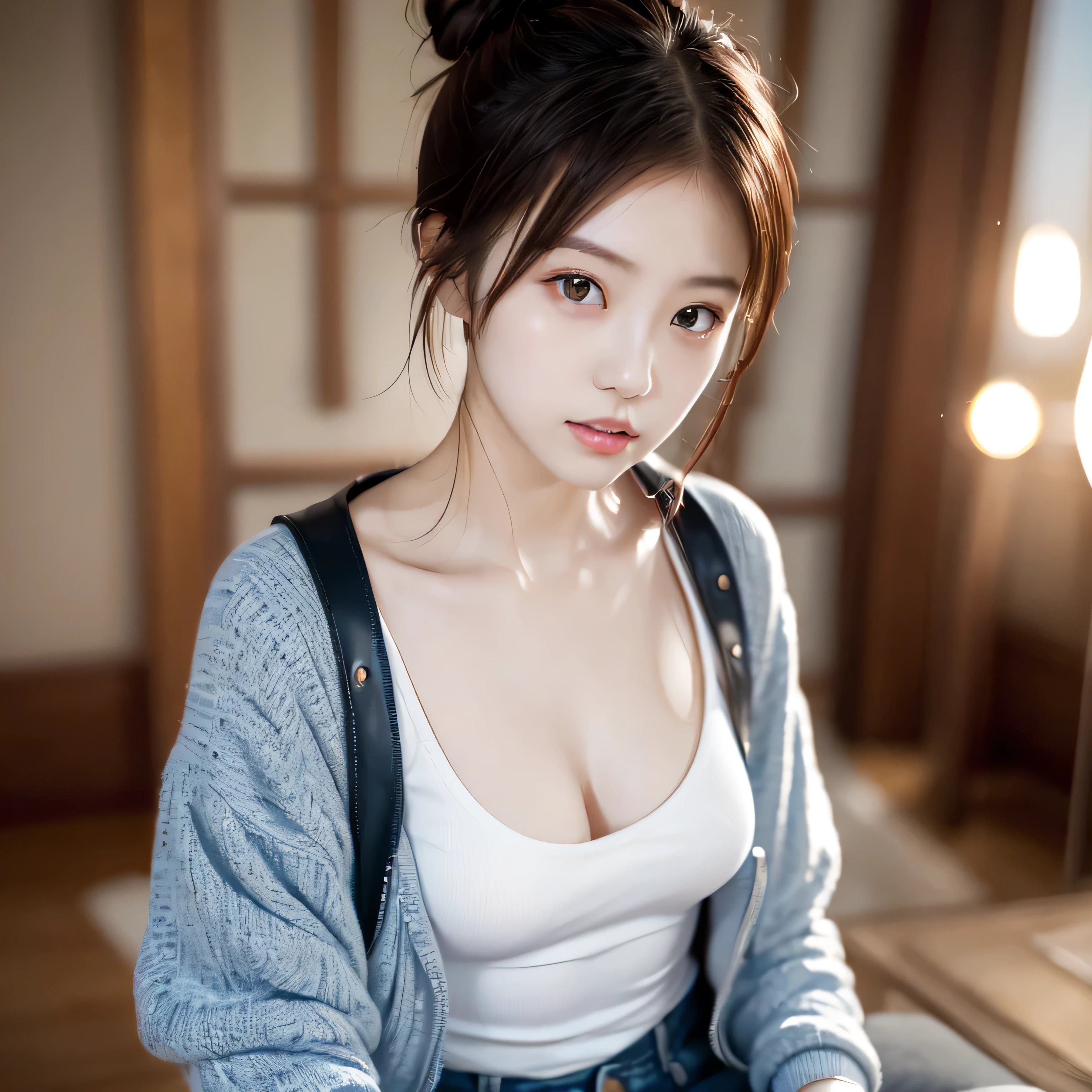 ((Hair Bun:1.3,lewisleathers doubleriderjacket,white camisole、Denim hot pants、Expressionless、Beautiful Japanese Women、cute、Small breasts))Graduation Ceremony、university student、22 years old、hakama 、Hair tied up、Cherry tree in full bloom、Cherry blossom confetti、Perfect Proportions、cute、((22-year-old female:1.ung and adorable Japanese face,Official Art,Focus on the face、Highly detailed CG Unity 8K wallpapers,(masterpiece:1.0),(Highest quality:1.0), 超High resolution,4K,Very detailed, photo shoot, 8k, Hmph, High resolution, Kodak Portrait 400, Film Grain, Lens Flare Glow,高いest quality,8k,Hmph:1.2),8k、Show Viewer