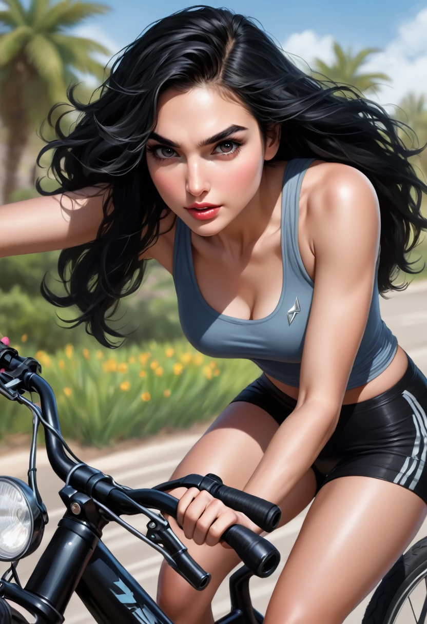18 year old girl, huge black hair, eyes black, beautiful like Gal Gadot, pushing a bike, wearing short, cropped tank tops