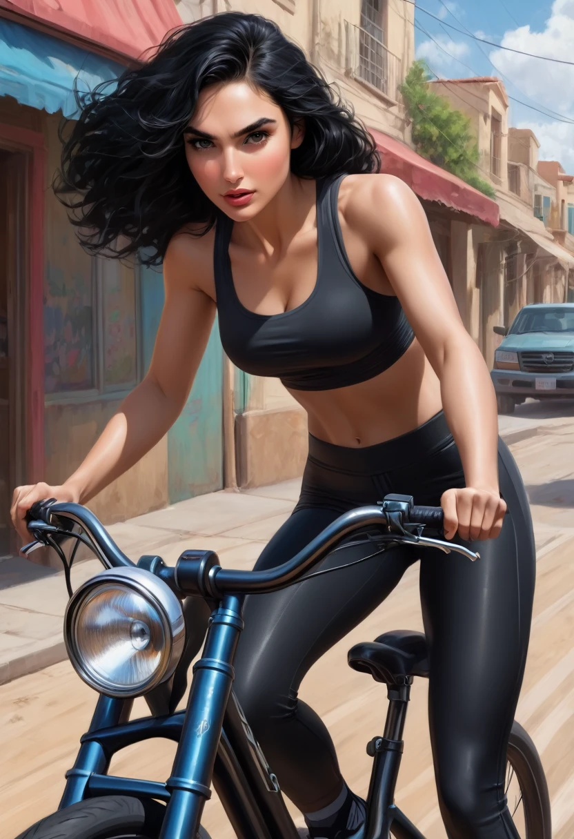 18 year old girl, huge black hair, eyes black, beautiful like Gal Gadot, pushing a bike, wearing short, cropped tank tops
