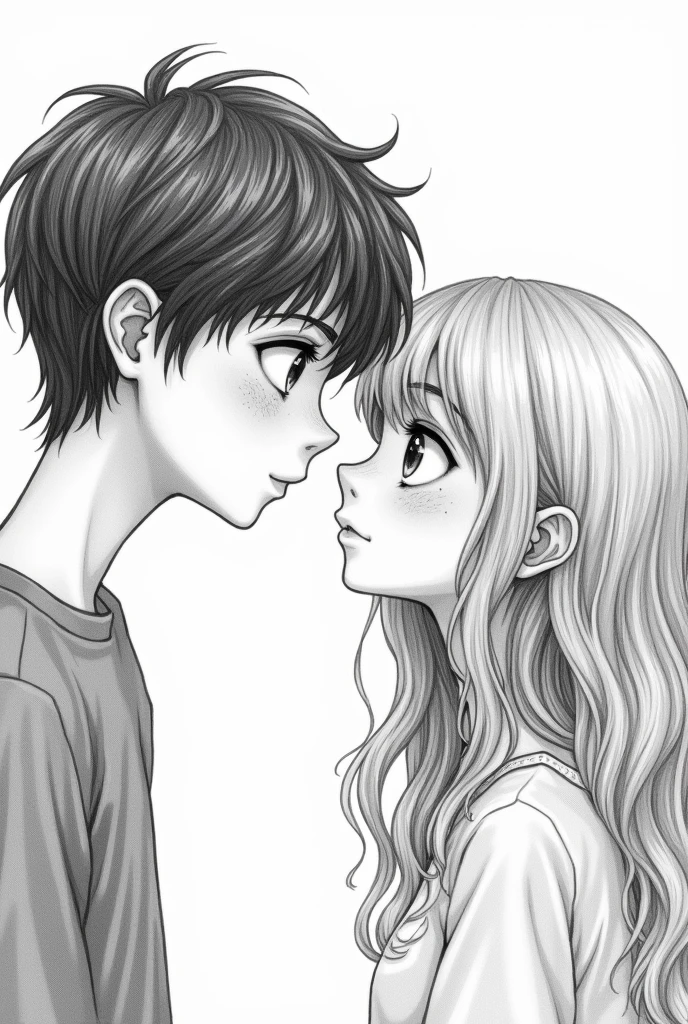 A black and white drawing of a couple looking at each other, The boy has bangs that cover his eyes and has some pimples on his face. His face is fuller., and her eyes are big and she has wavy blonde hair, and long, voluminous hair, it&#39;s important to say that it&#39;s not that thin