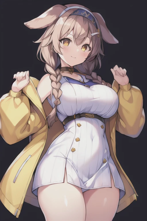 1girl, Korone, smile, dog ears, twin braids, sidelocks, hair ornament, ((white dress)), jacket, yellow jacket, jacket, open clothes, open jacket, dress, short dress, sleeveless dress, huge breasts, wide hips, thick thighs, tall, tall female, mature female, bandana, scarf, hourglass figure, standing, ((mature female))