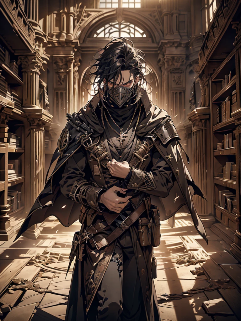 (anime style, manga style, highly detailed, dramatic lighting, high contrast)
A man with long messy black hair, intense eyes, and a serious or determined expression. Wearing dark clothing, including a cloak or cape, and a mask covering the lower part of his face. Elaborate necklace or chest piece with a cross or similar symbol in the center. Belts and buckles visible on his outfit. Background shows the interior of a library or similar setting, with bookshelves, columns, and large arched windows. Strong light coming from the windows, creating dramatic shadows. The image conveys mystery, power, and possible danger, suggesting the character is an anti-hero or complex figure. Fantasy or historical fiction setting.