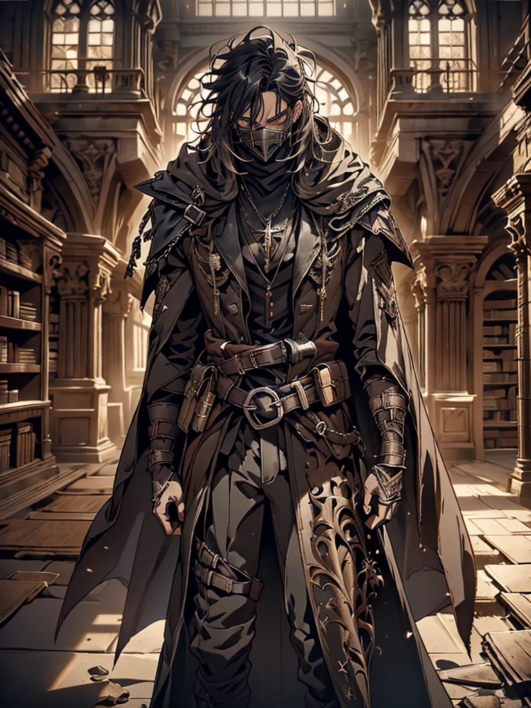 (anime style, manga style, highly detailed, dramatic lighting, high contrast)
A man with long messy black hair, intense eyes, and a serious or determined expression. Wearing dark clothing, including a cloak or cape, and a mask covering the lower part of his face. Elaborate necklace or chest piece with a cross or similar symbol in the center. Belts and buckles visible on his outfit. Background shows the interior of a library or similar setting, with bookshelves, columns, and large arched windows. Strong light coming from the windows, creating dramatic shadows. The image conveys mystery, power, and possible danger, suggesting the character is an anti-hero or complex figure. Fantasy or historical fiction setting.