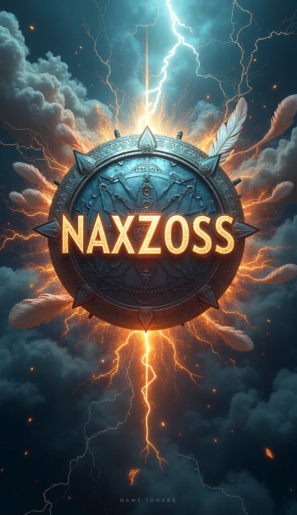 mythological logo word "NAXZOSS", blast, thunder, universe, feather, fairies, burning plants, realistic, 8k ultra HD, blood, silver, golden, white, crystal clear, 3D, mythology, Sci-Fi, creatures, Storm, Fire, Wintet, Summer, globe, red white partition, word titl "NAXZOSS"