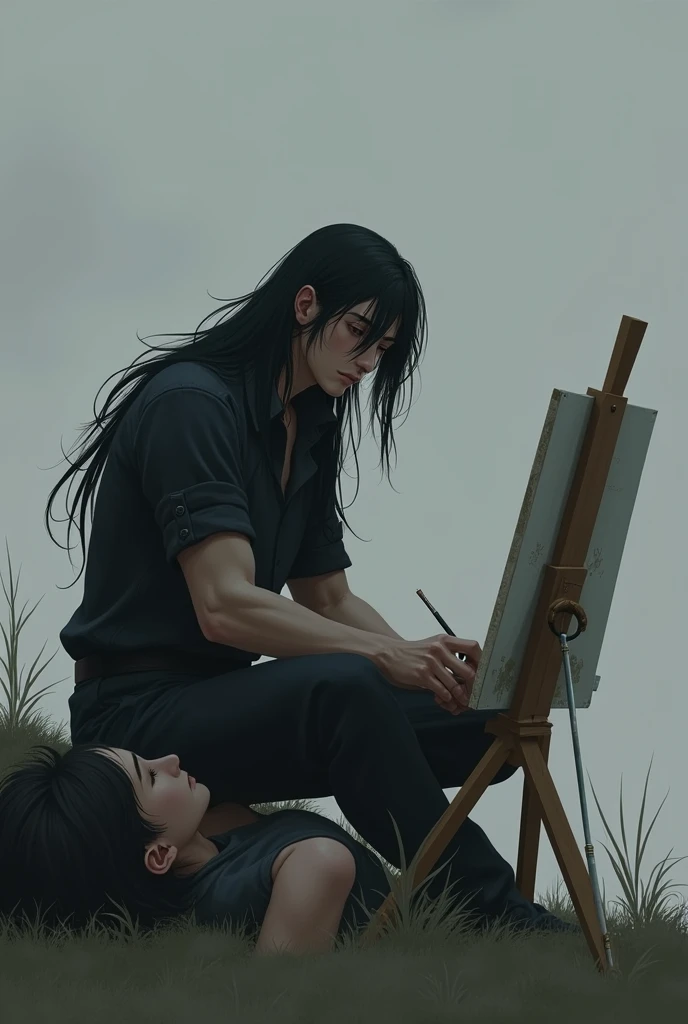 Handsome, realistic, muscular ager
Tall with long black hair , with black clothes and handsome , beardless
with a sad, grayish background
Sitting painting and his friend listening to music lying on the grass