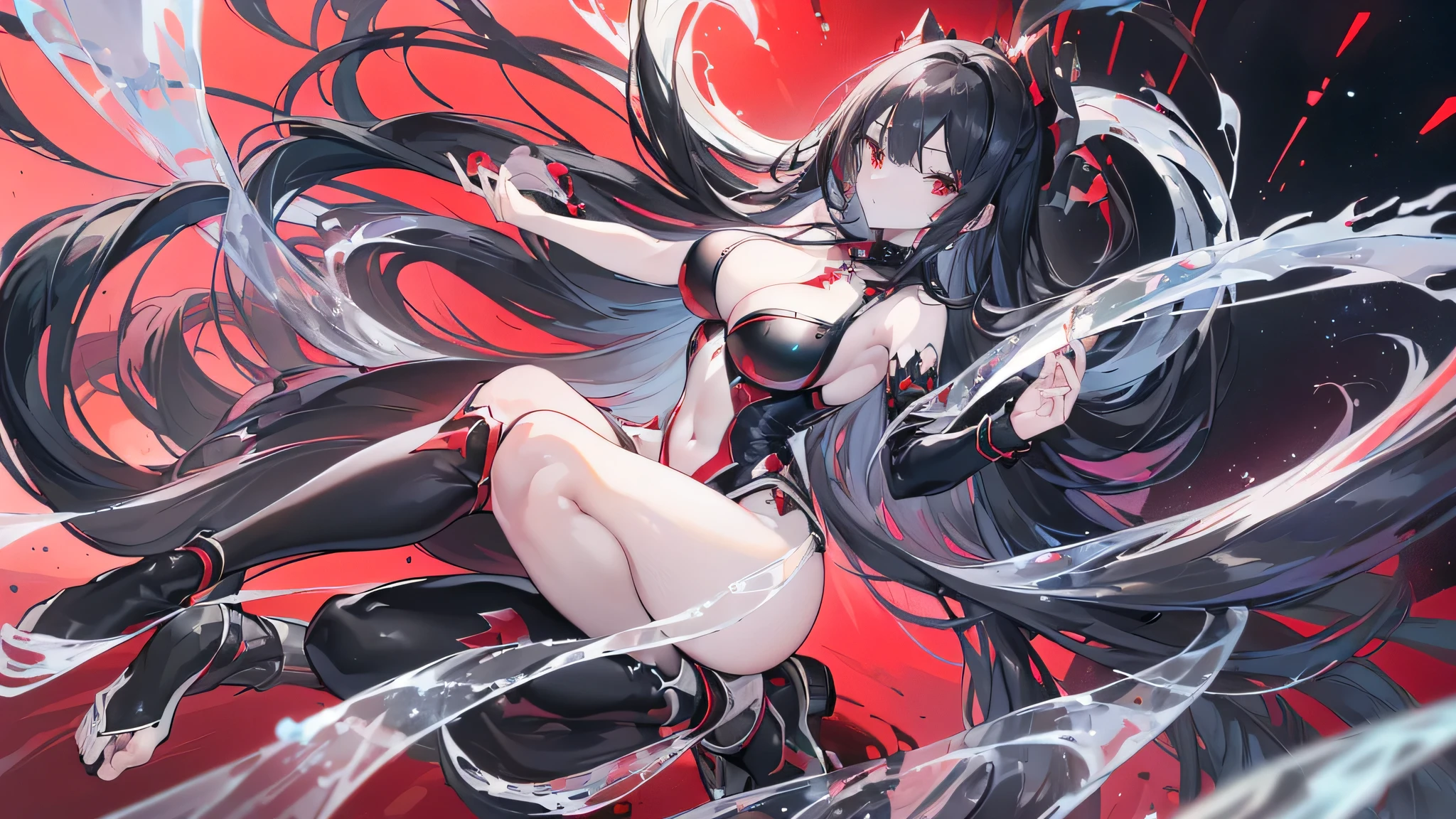 Exquisite eyes),(Clear and beautiful eyes:1.61),masterpiece, ung girl,(Black clothes and some red gems), Black long hair, (She has a huge red gem on her chest), Good Hand,((The Havoc of StarCraft)),full-body shot,Fighting Stance,(Red Eyes:1.466),short and small,(Very big breasts:1.35),(Pretty Face),(full-body shot:1.33),Beautiful hands