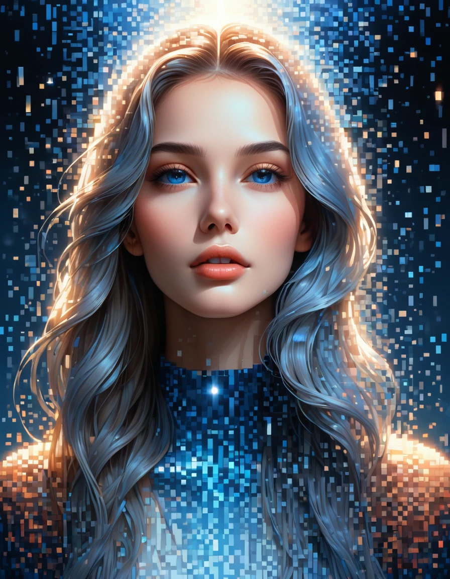 (best quality,4K,8K,high resolution,masterpiece:1.2),Extremely detailed,(Practical,photoPractical,photo-Practical:1.37), Pixel Art, woman portrait, Extra long hair，Beautiful and delicate face, Vibrant blue gradient, Dissolving effect, The complete structure gradually disintegrates in mid-air, Sunlight shines in through the partially hollowed-out part, Holographic universe space background