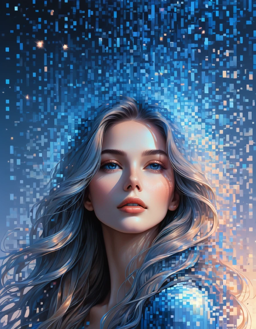 (best quality,4K,8K,high resolution,masterpiece:1.2),Extremely detailed,(Practical,photoPractical,photo-Practical:1.37), Pixel Art, woman portrait, Extra long hair,Beautiful and delicate face, Vibrant blue gradient, Dissolving effect, The complete structure gradually disintegrates in mid-air, Sunlight shines in through the partially hollowed-out part, Holographic universe space background