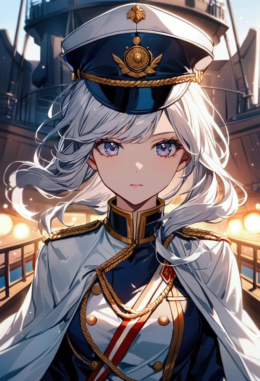 Ship deck background, daytime, Military uniform, dark blue uniform, navy uniform, white cape, military cap, military garrison cap, 1girl, white hair, shining hair, medium breast, bokeh, epic, facing viewer,