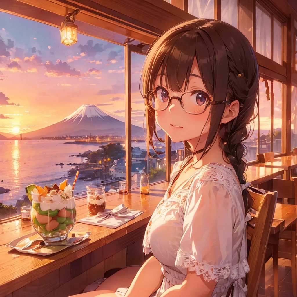 1 cute girl with long braided brown hair, braid with ribbon, glasses, white onepiece dress, (large breast:1.3), sitting at a table in a restaurant with a view of the sea and Mt. Fuji in the distance, sunset sky, melon parfait on the table, looking out the window