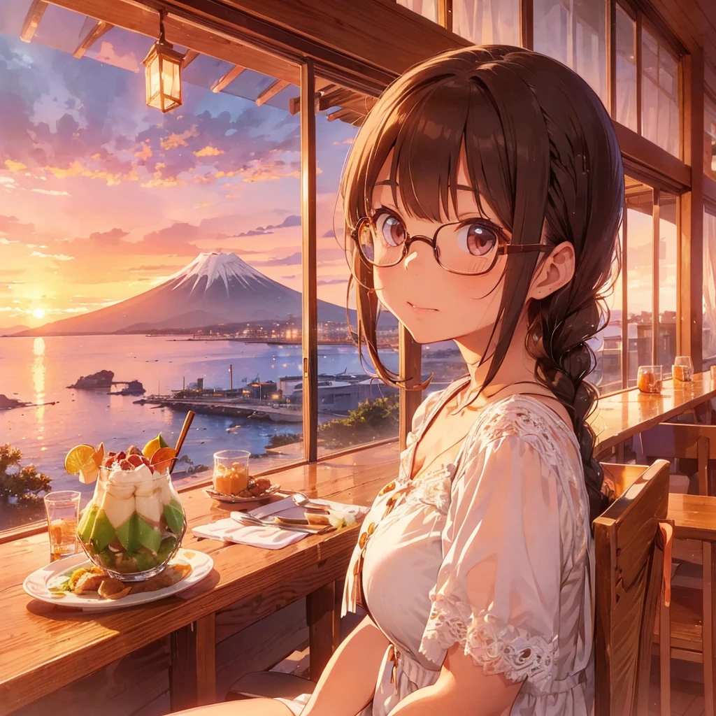 1 cute girl with long braided brown hair, braid with ribbon, glasses,  white onepiece dress, (large breast:1.3), sitting at a table in a restaurant with a view of the sea and Mt. Fuji in the distance, sunset sky, melon parfait on the table, looking out the window