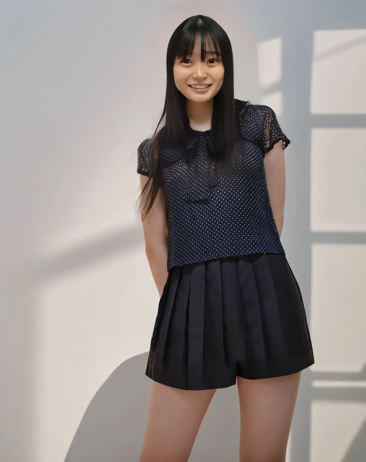 Super detailed,Highest quality,1 female,Standing in a room with white walls, looking at you.,illuminated by sunlight from the window,Posing for a photo,The background is blurred