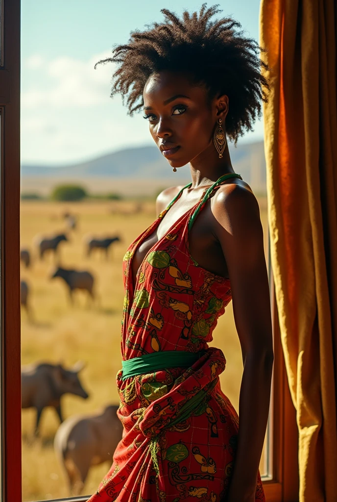 A thin black woman, short curly hair, blue colored eyes, wearing short African clothes with red colors, green and yellow, giant breasts in a deep V-neck, thick thighs showing, next to an open window on a sunny day with the African savannah in the background full of animals, fot
