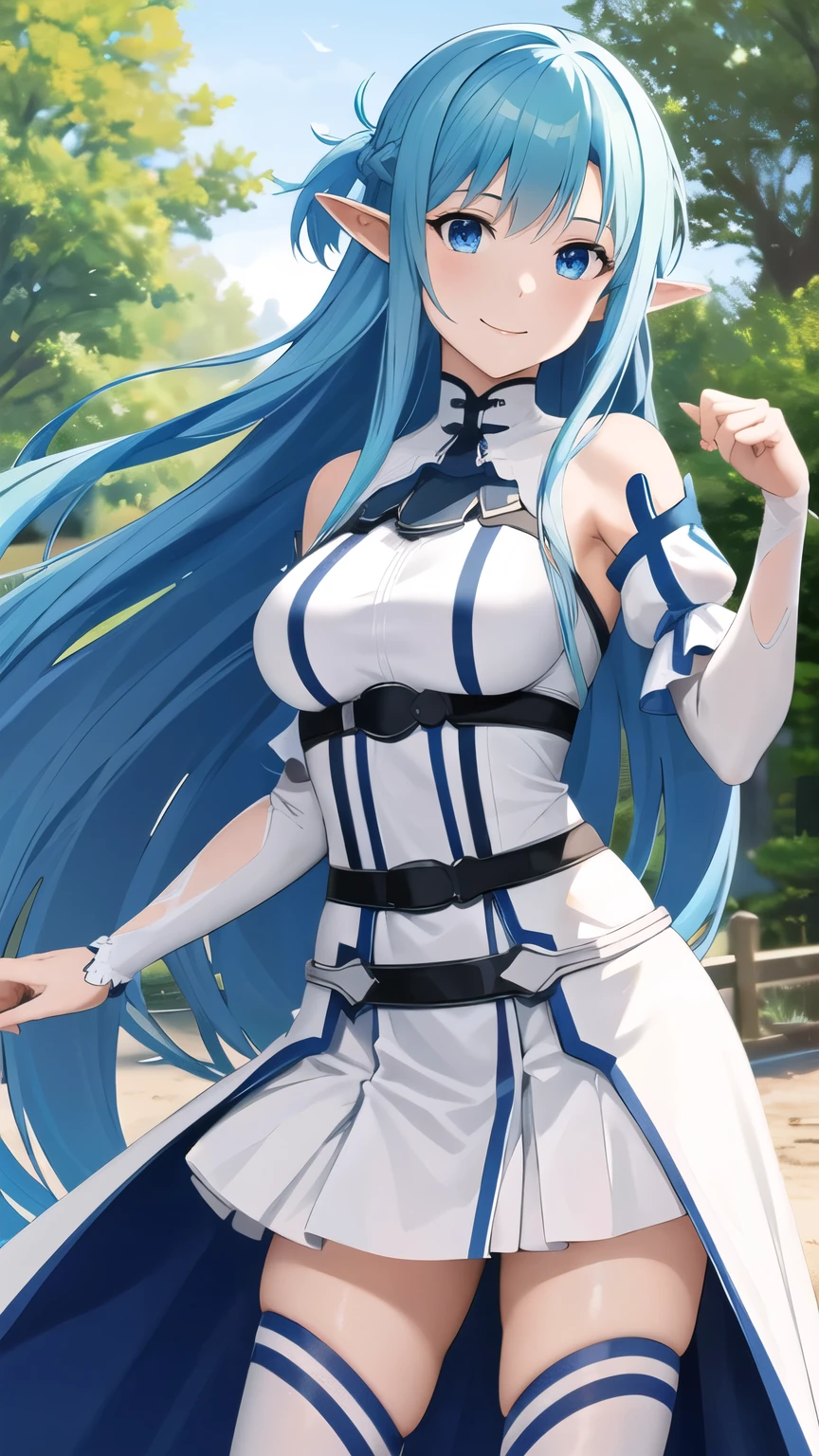 masterpiece, best quality, highres, bbasuna, long hair, blue hair, blue eyes, pointy ears, white dress, detached sleeves, blue thighhighs, standing, cowboy shot, outdoors, smile,