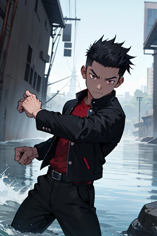 One boy, alone, Iris, Point pupils, Black Hair, short hair, gakuran, Black jacket,Red Shirt、Black Belt, Black trousers, bad、In the river、Legs spread in fighting pose, Upper Body