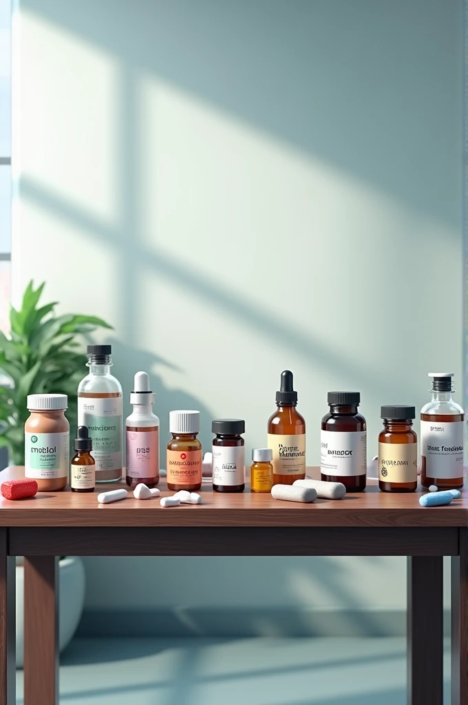 Create an image of a table with medicines on top