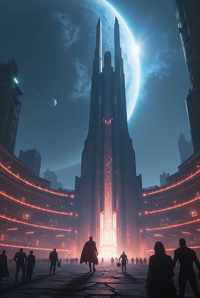 Build a futuristic superhero coliseum with a dark sky, planets, and the galaxy.