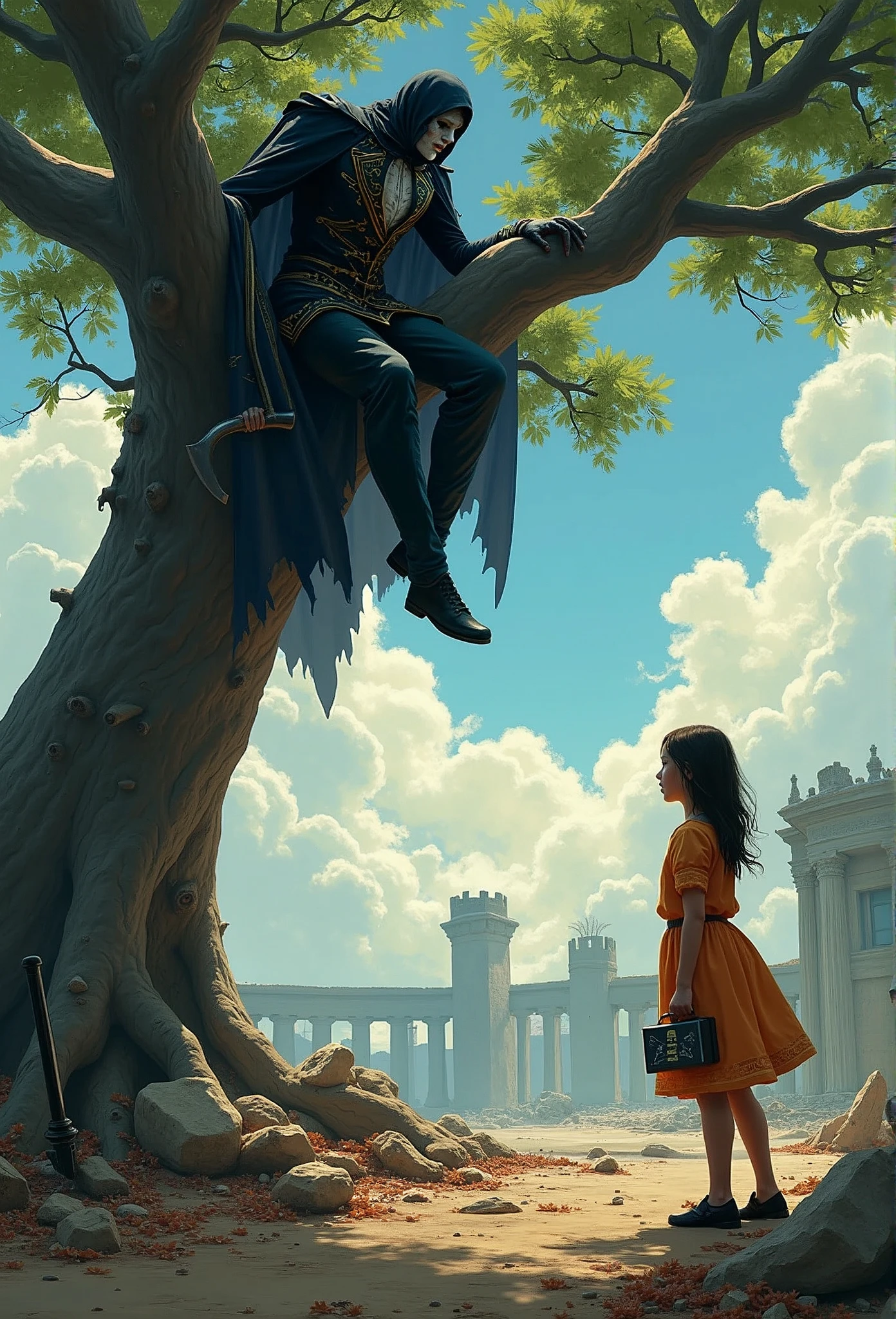 A girl wants money from a person in the tree wearing a scary suit, carrying an ax and a first aid bag, high resolution, 3D, bright, fantasy, on a Roman battlefield.