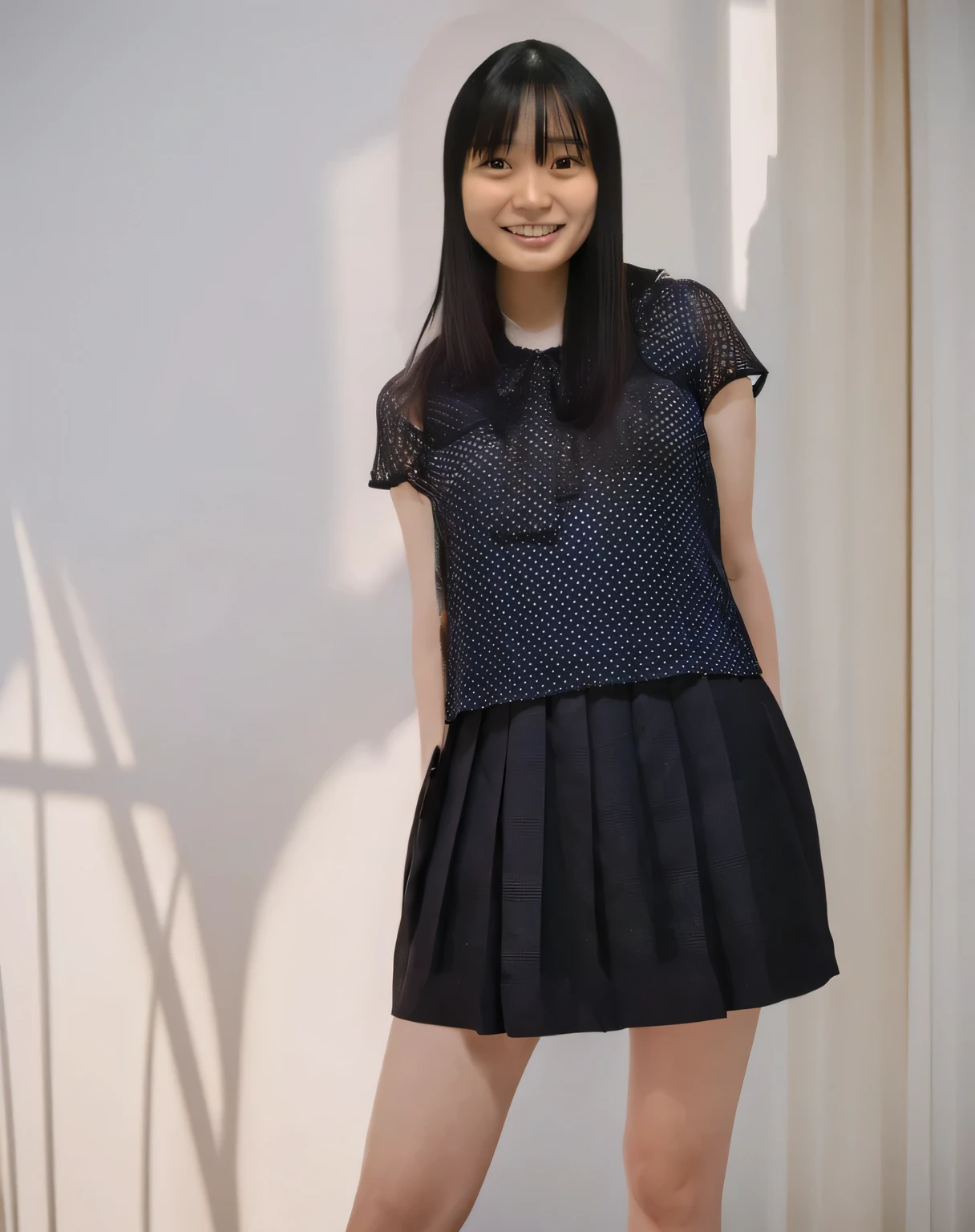 Super detailed,Highest quality,1 female,Standing in a room with white walls, looking at you.,illuminated by sunlight from the window,Posing for a photo,The background is blurred