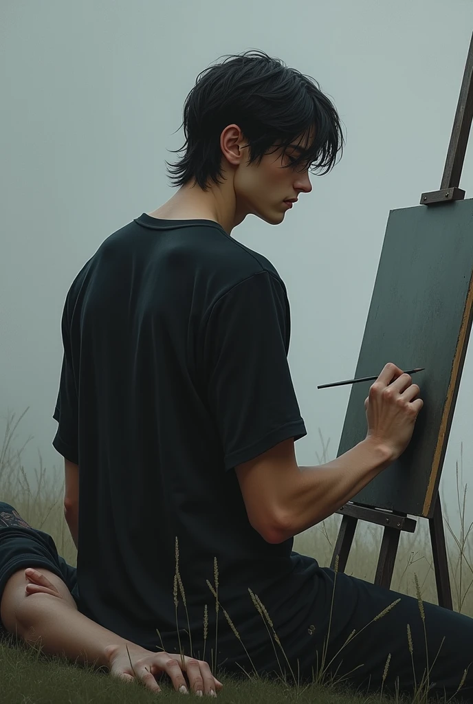 Handsome, realistic, muscular teenager
Tall with long black hair , with black clothes and handsome , beardless
with a sad, grayish background
Sitting painting and his friend listening to music lying on the grass
