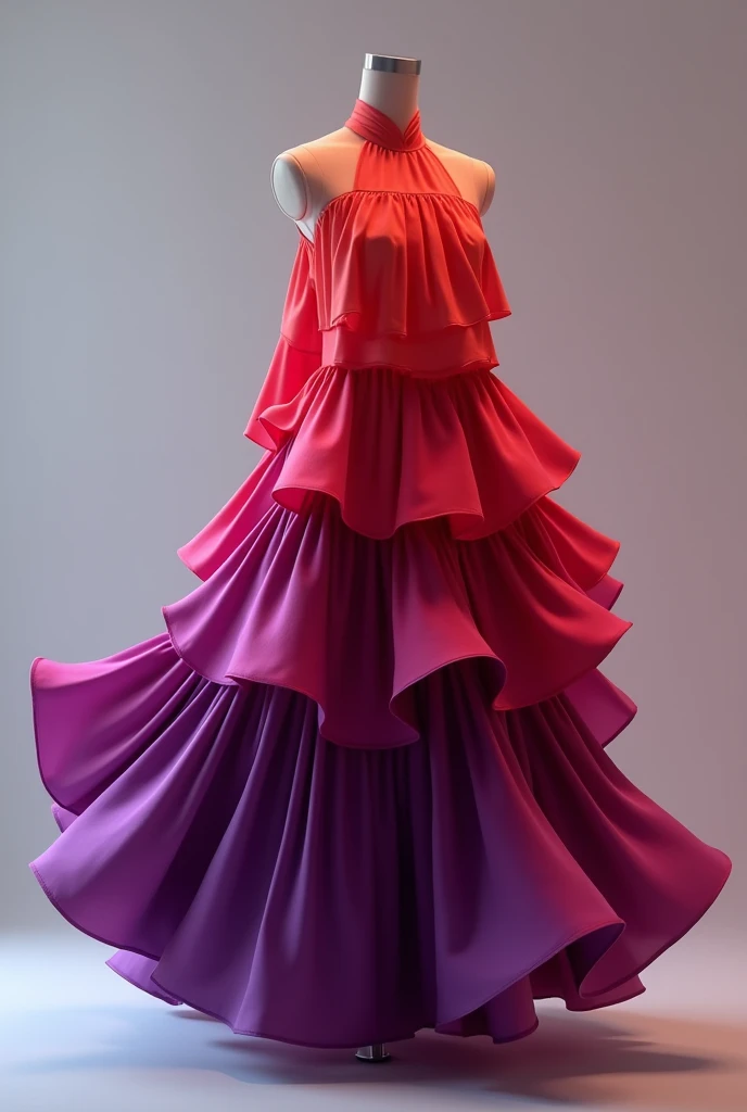 Create an image of a red and purple, 7-layered, swirl skirt made of dove satin without any print.
